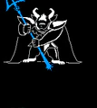 Asgore balançando seu tridente durante a luta