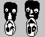 As sprites de Mystery Man de ponta cabeça, antes e depois da interação.