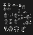 Folha de sprites do Artbook de UNDERTALE mostrando diferentes conceitos de sprites para os personagens e até alguns conceitos para 03 e 04.
